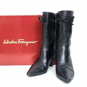 【1円/良品】フェラガモ Ferragamo レディース ミドルブーツ ガンチーニ ポインテッドトゥ 8 25㎝ リボン 7㎝ヒール カーフ ブラック 32943