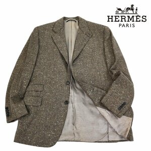 【1円/高級】エルメス HERMES メンズ ツイード テーラード ジャケット 段返り三つボタン スロートラッチ G9176 ブラウン系 50 レザー 33013