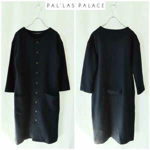 美品 Pal'las Palace パラスパレス 圧縮ウールノーカラーロングシャツワンピース 2 M ネイビー系 ニット カーディガン 袖裏地付き 秋冬