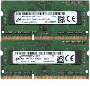 【DDR3 4GBx2枚 合計8GB ノートPC用】＜動作確認済＞Micron 低電圧 1.35V DDR3L-1600 (PC3L-12800S) MT8KTF51264HZ-1G6N1 x2枚【中古】H853