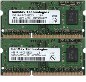 SanMax Technologies DDR3-1600 (PC3-12800S) 4GBx2枚 合計8GB ノートPC用 SMD3-S4G28HA-16K 両面実装(1Rx8) 動作確認済【中古】H811