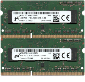 【DDR3 4GBx2枚 合計8GB ノートPC用】＜動作確認済＞Micron 低電圧 1.35V DDR3L-1866 (PC3L-14900S) MT8KTF51264HZ-1G9P1 x2枚【中古】H851