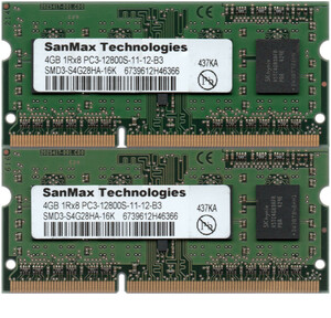 SanMax Technologies DDR3-1600 (PC3-12800S) 4GBx2枚 合計8GB ノートPC用 SMD3-S4G28HA-16K 両面実装(1Rx8) 動作確認済【中古】H809