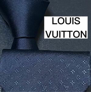 未使用級 ネクタイ 現行 シルク LOUIS VUITTON ルイヴィトン モノグラム 刺繍 グラデーション ナロータイ ストライプ LV ネイビー 紺