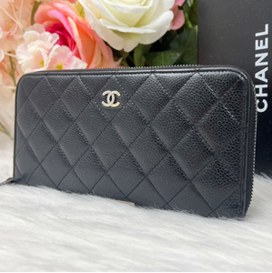 1円スタート シャネル CHANEL キャビアスキン マトラッセ ラウンドファスナー 長財布 ロングウォレット 黒 ブラック ボルドー 箱付き 