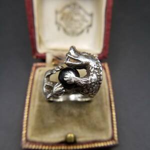  Mexico Vintage dragon Dragon sculpture solid onyx color round 925 Vintage silver ring ring jewelry import Y11-D