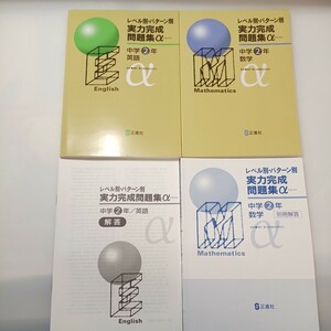 zaa-523♪未使用 レベル別・パターン別実力完成アルファ 中学2年　数学＋英語 計2冊　各解答解説付 塾専用教材