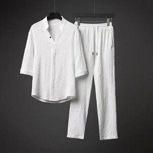 夏 Tシャツ ロングパンツ パンツ メンズ ルームウェア 部屋着 涼しいセットアップ 上下セット ホワイト L