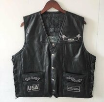 SALE レザーベスト ベスト 羊革 シープスキン 機関車 刺繍バイクベスト 革ジャン 本革 メンズファッション 3XL_画像2