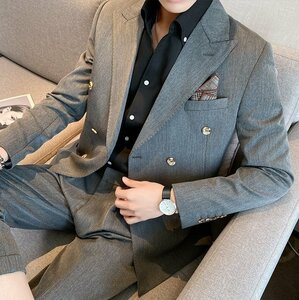 新品 スーツセット ビジネススーツ メンズ ダブルスーツ 上下セット シングルスーツ 高級 無地 スリム 二つボタン 紳士 結婚式 灰 M~3XL