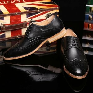 ビジネスシューズ メンズシークレット革靴 PUレザー紳士靴 ウイングチップ ブローグスリッポン 24～27.5cm ブラック