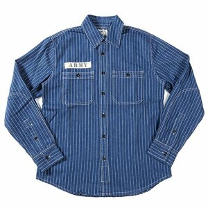 ヴィンテージ ワーク コットンピンストライプデニム長袖シャツ　ダンガリーアメカジ レトロwork shirt　Ｓ～XL　ネイビー