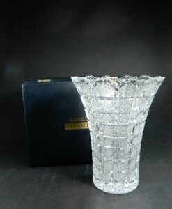 カメイガラス　花瓶　ハンドメイドカット　クリスタル　高さ約27cm　ケース付き　花入　花器　インテリア　A-2100