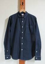 CHEMISE NATIONALE/チェミセナショナーレ◇シャツ 丸襟 インディゴブルー プリント柄 総柄 MADE IN CANADA カナダ製_画像1