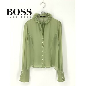 A8277/極美品 春夏 HUGO BOSS ヒューゴ ボス シルク リボン 無地 ノーカラー ドレス 長袖 フリル シャツ ブラウス M程 黄緑/レディース