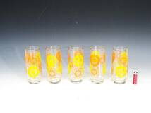 ◆(TH) 昭和レトロポップ HOYAクリスタル ガラス製コップ まとめて 5個セット グラス 食器 花柄 黄色 橙色 キッチン雑貨_画像1