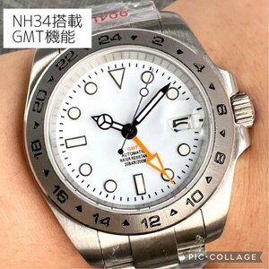 新品 NH34 GMT MOD 自動巻 高品質 ムーブメント 腕時計 オマージュ グラフ ノーロゴ 白文字盤 24時間針