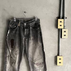 90s 90年代 93年 ビンテージ UK イギリス ユーロ リーバイス 501 levis カスタム クラッシュ デニム レザー スタッズ リメイク 古着USA