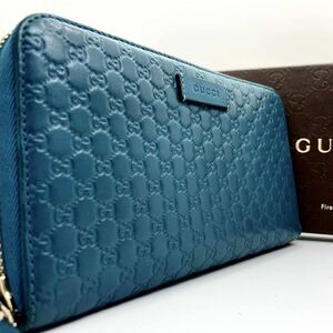 極美品●希少色●GUCCI グッチ メンズ ラウンドファスナー ジップ 長財布 マイクロシマ GG柄 小銭入れ ターコイズブルー レザー