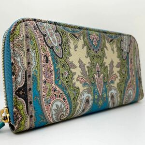 未使用級●希少色●ETRO エトロ メンズ ビジネス 長財布 ラウンドファスナー マルゴット ペイズリー 総柄 PVC レザー 革 ターコイズブルー