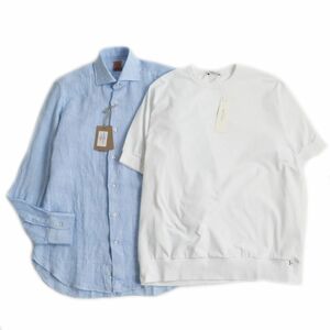 未使用●ジャンジ/アンティーチポ リネン100％ ホリゾンタルカラー ナポリシャツ/スムースコットン ヘンリーネックTシャツ 2点セット 40/50