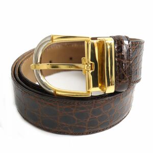  Italy made ^GIANFRANCO FERRE Gianfranco Ferre crocodile leather belt dark brown 52/110 men's cut possibility *