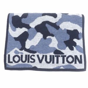 美品▼LOUIS VUITTON ルイヴィトン M71639 エシャルプ ミリタリー カモフラ柄 ウール100% ニットマフラー ネイビー メンズ 伊製 正規品 箱