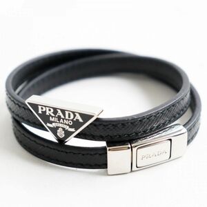 極美品●PRADA プラダ サフィアーノレザー トライアングルロゴ/三角プレート付き ブレスレット/バングル S イタリア製 箱付き