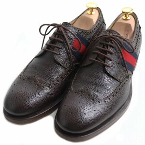 美品●GUCCI グッチ 429203 シェリーライン/ウェブライン ウイングチップ フルブローグ メダリオン レザーシューズ ブラウン 7 イタリア製