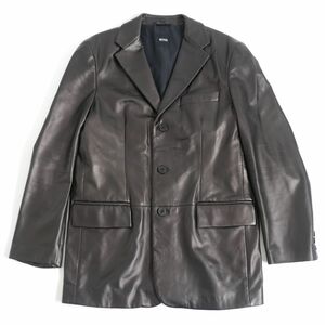 美品□HUGOBOSS/ヒューゴボス ロゴボタン付き ミドル丈 ラムレザーコート/チェスターコート ブラウン 40R(メンズ約Mサイズ相当) メンズ◎