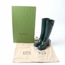 未使用品★GUCCI グッチ 659707 ホースビット ラバー ロングブーツ／レインブーツ グリーン×ゴールド金具 37 イタリア製 箱・保管袋付_画像2