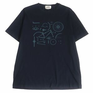 美品□HERMES/エルメス 自転車 プリントデザイン コットン100％ クルーネック 半袖 Tシャツ/カットソー ネイビー 正規品 イタリア製 メンズの画像1