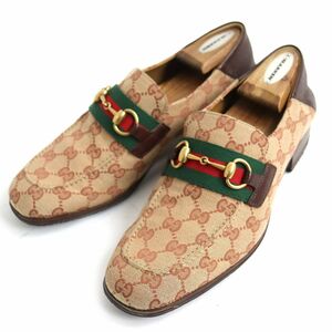 美品◆GUCCI グッチ 546223 2WAY GGキャンバス×レザー ホースビットローファー/シューズ ブラウン×ゴールド金具 7 1/2 伊製 メンズ