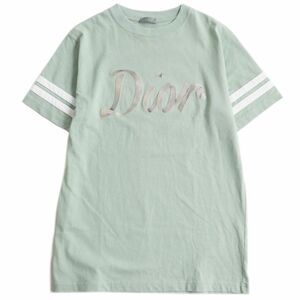 美品□22SS DIOR/ディオール オム 293J659A0554 ロゴエンブロイダリー ラインデザイン コットン 半袖Tシャツ ライトグリーン XS 伊製 正規