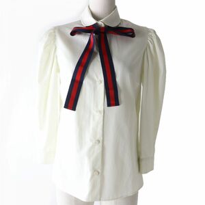  ultimate beautiful goods * regular goods GUCCI Gucci 453346 web ribbon Thai attaching 7 minute sleeve puff sleeve shirt / blouse ivory 38 lady's Italy made 