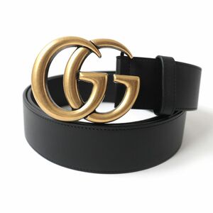 未使用品☆GUCCI グッチ 397660 ゴールドバックル GGマーモント レザーベルト 75/30 ブラック×ゴールド イタリア製 保存袋付き レディース