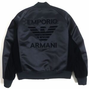 極美品▼2021年製 黒タグ EMPORIO ARMANI エンポリオアルマーニ ビッグロゴ ベロア使い WZIP 中綿入り ボンバージャケット 紺 48 正規品