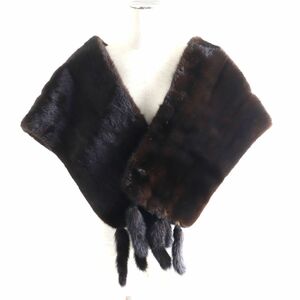 極美品▲MOONBAT FUR ムーンバットファー MINK ミンク 裏地花柄刺繍 房付き 本毛皮ショール/ストール ダークブラウン 毛質艶やか・柔らか◎