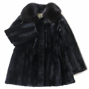 極美品☆fur canada 衿フォックス×ラビットファー デザイン ストライプ柄 本毛皮コート ブラック 11号 毛質艶やか・柔らか◎