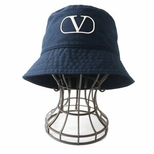  ultimate beautiful goods * regular goods Italy made VALENTINO Valentino 2Y2HGA32HCY men's lady's V Logo bucket hat cotton navy blue 58 box * storage sack attaching 