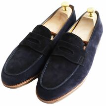 美品●JOHN LOBB ジョンロブ LOPES/ロペス スウェードレザー コインローファー/ペニーシューズ ネイビー×ブラック 7 1/2 イングランド製_画像1