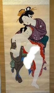 【模写】月岡雪鼎「町家男女之図」 大阪浮世絵肉筆 絹本 日本画 美人図 江戸期春画 浮世絵 春宮図 和本 画芯サイズ約131*67cm 箱あり