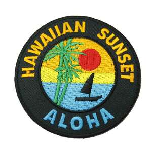 アイロンワッペン ハワイ Hawai Aloha デザイン サンセット ロゴ ブラック 簡単貼り付け アップリケ 刺繍 裁縫 