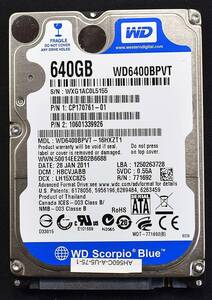 WD Blue WD6400BPVT [640GB 5,400rpm 2.5インチ 9.5mm SATA HDD 2011年製 使用時間 2800H(短い) (Cristal DiscInfo 正常状態)(管:EF02