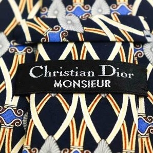 【美品】 クリスチャンディオール Christian Dior チェック柄 シルク 小紋柄 ライン柄 メンズ ネクタイ ネイビーの画像4