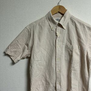 【古着】j press ジェイプレス　半袖シャツ　ストライプ　シワ加工　mサイズ オレンジ