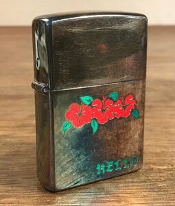 SS-1772■送料込■Zippo ライター オイルライター HELLO ハイビスカス 花柄 煙草 喫煙具 アンティーク レトロ 54g●火花のみ確認/くATら