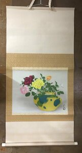 BP-626 ■送料込■ 川端龍子 バラ五彩 工芸品 共箱 大日本絵画巧芸美術 薔薇 絵画 和歌山県出身 日本画家 掛軸 132cm×70.5cm /くMAら