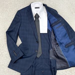 美品！ランバン【最高級の品格】LANVIN en Blue スーツ　セットアップ　テーラードジャケット　チェック　ブルー　ネイビー　ウール　L位