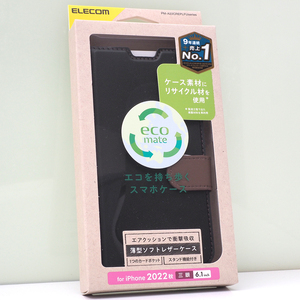 Apple iPhone 14 Pro (3眼・6.1インチ) 用 eco mate 薄型 衝撃吸収 手帳型ケース ソフトレザーケース 磁石付き ブラック 黒 未開封品